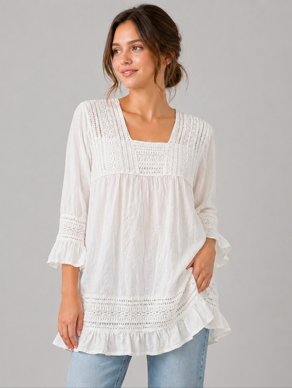 CUTE OPTIONS Tunic Top Size Small White 3/4 Sleeve Crochet Boho Peasant Blouse